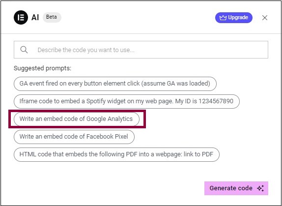 Custom code 1 1 Add custom code using Elementor AI 7