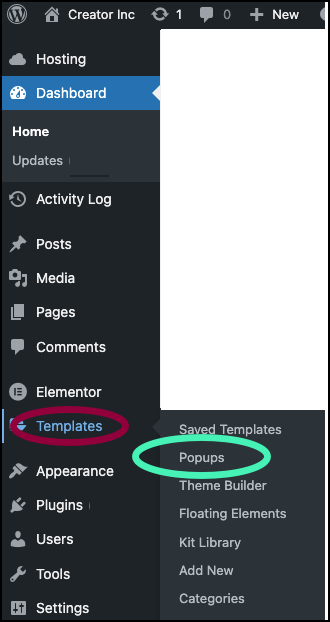 1 go to templates popup Create a popup 1