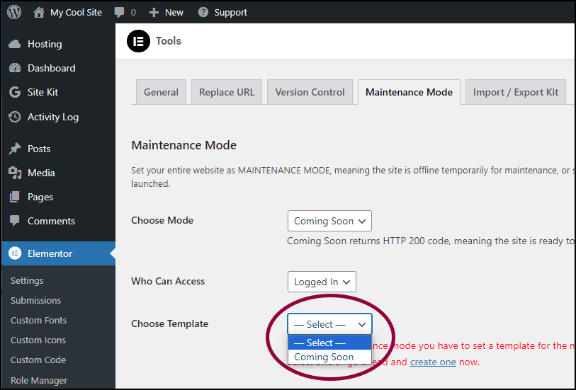 5 the Choose Template dropdown Set your site to Coming Soon 11