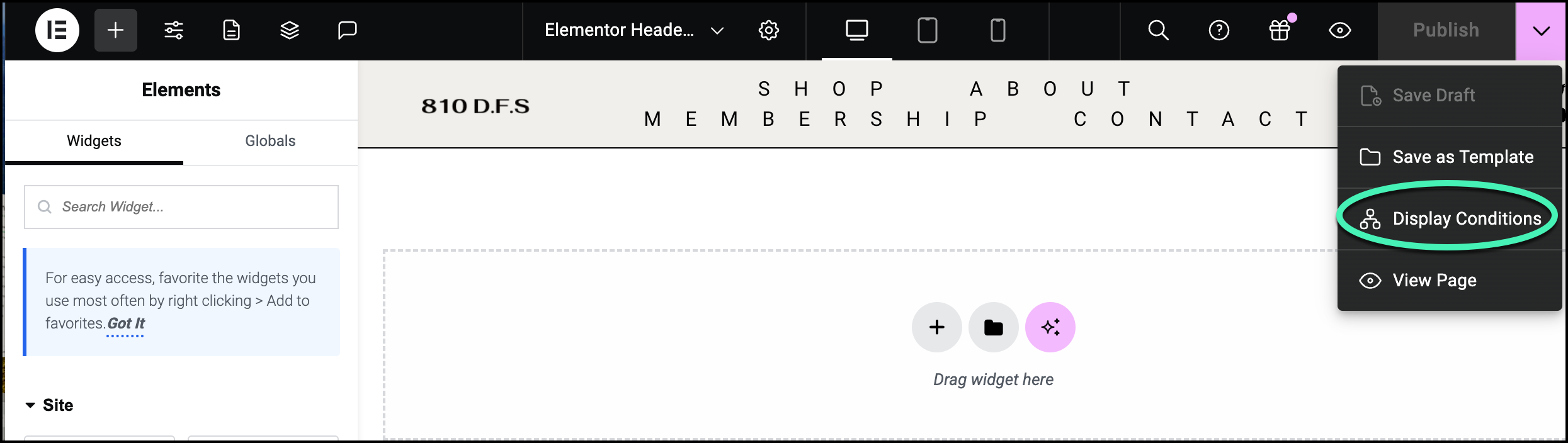 Click Display Conditions 1 Set conditions for site part templates 15