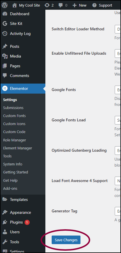 Click save changes Enable SVG Support in Elementor 9