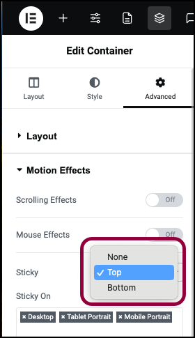 Select from the motion effects dropdown Create a sticky header 7