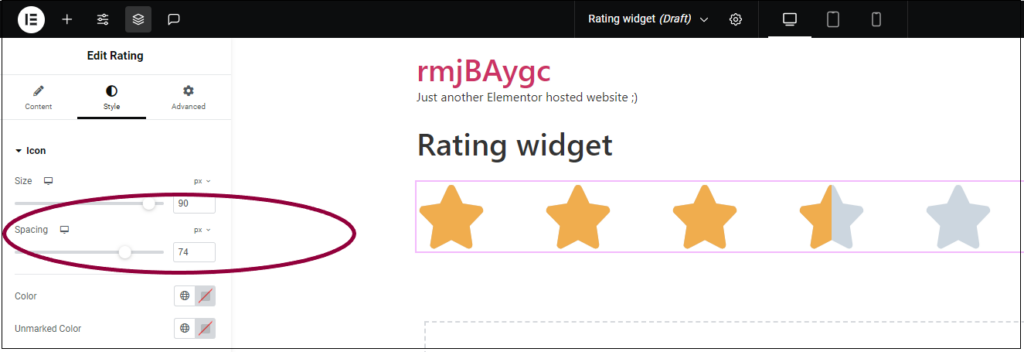 5 set the Spacing Rating widget 211