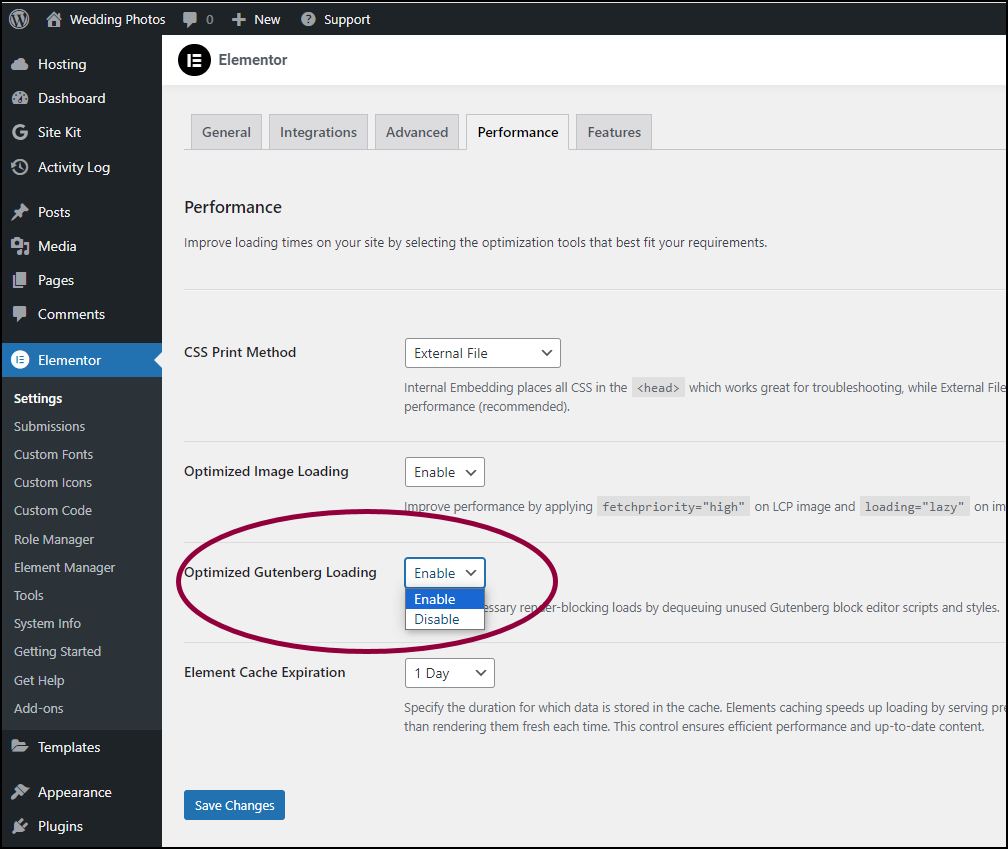 Choose Enable or disable Optimized Gutenberg Loading 5