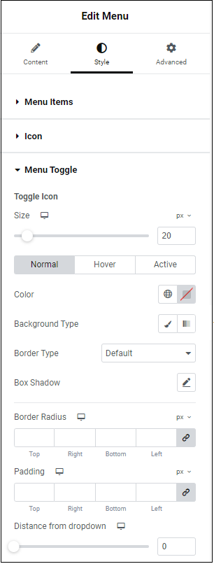 Style tab Menu Toggle Menu widget 495