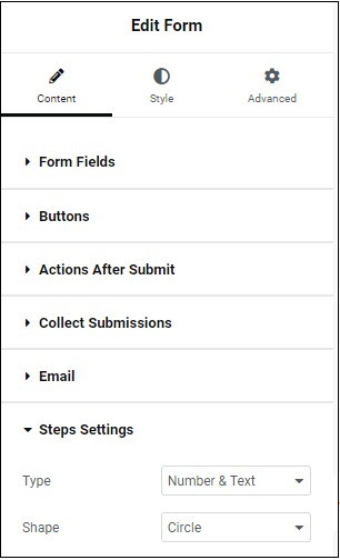 Content tab Steps Settings Form widget 485