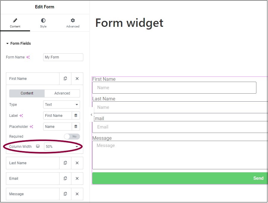 10 Change the column field to 50 Form widget 457