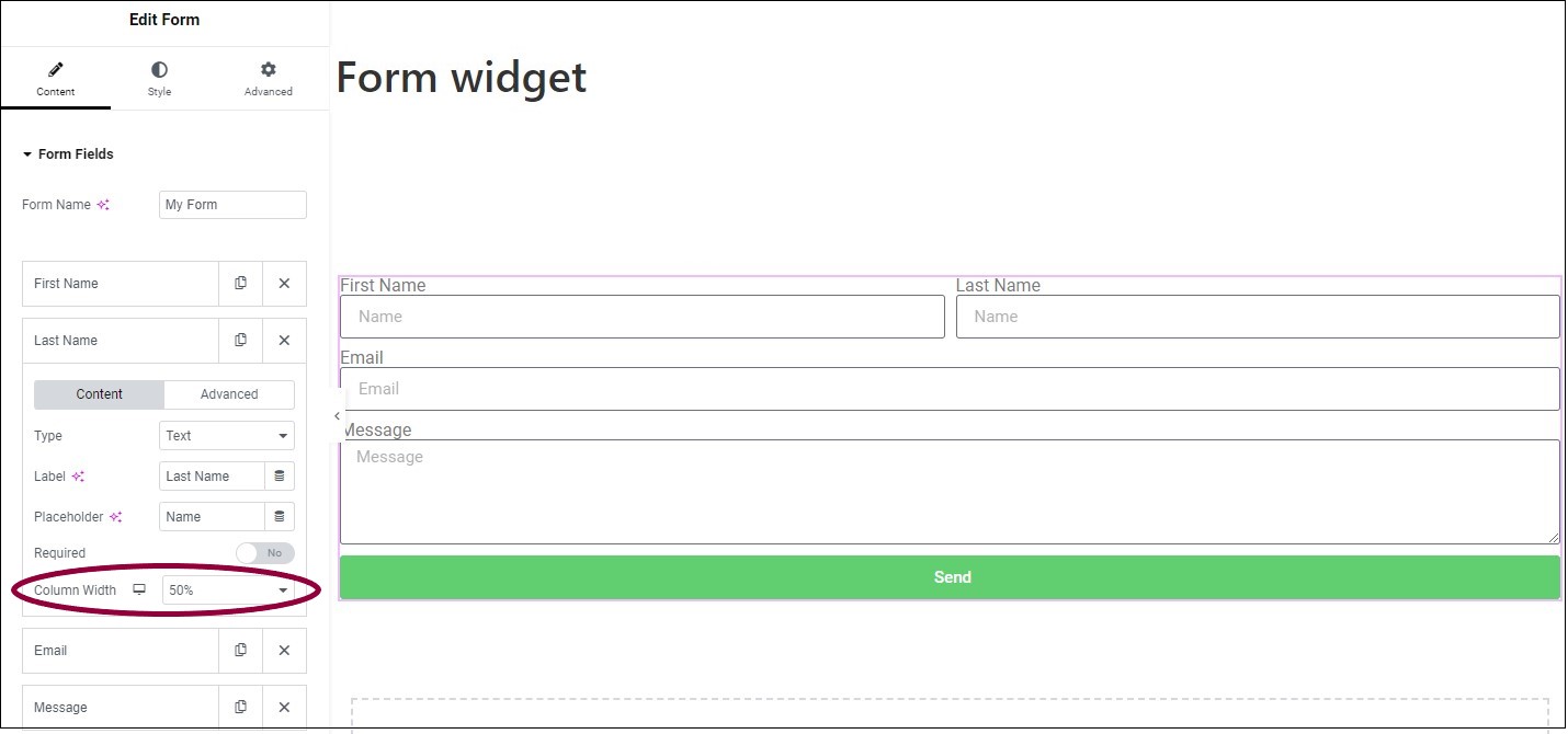 12 Change the column width to 50 Form widget 461