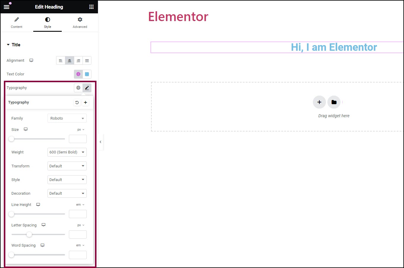 Use typography to set the font size and type Heading widget 9