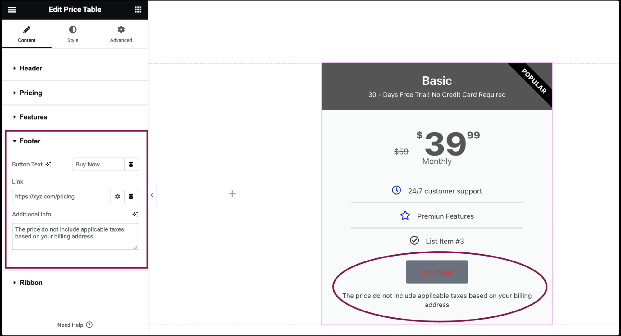 Price Table widget 17