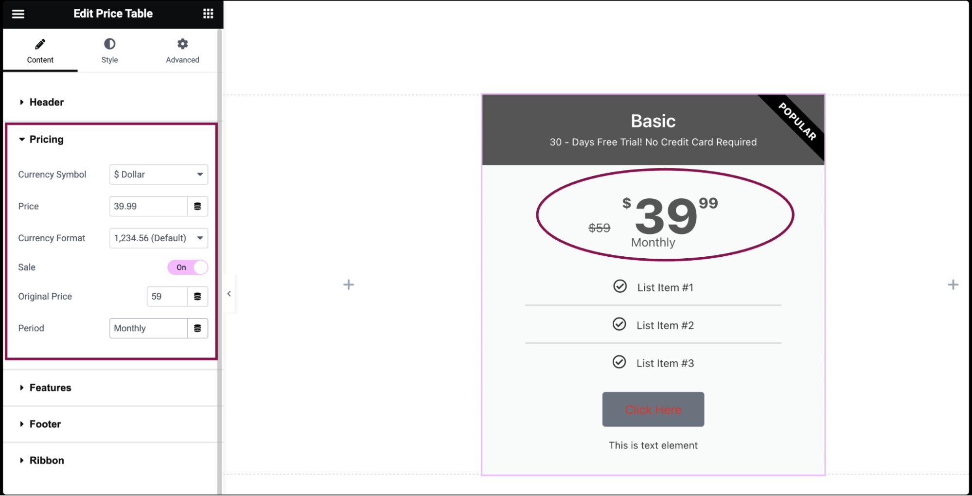 Price Table widget 4