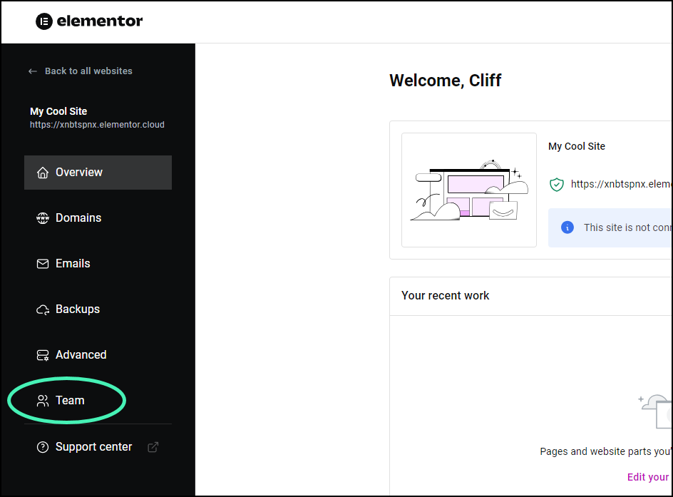 In the panel click Team Reconnect a user to a site 3