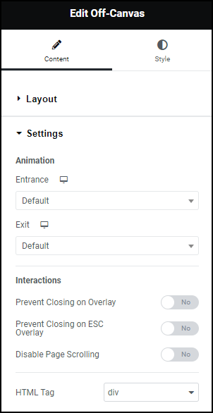 Content tab Settings Off-Canvas widget 353