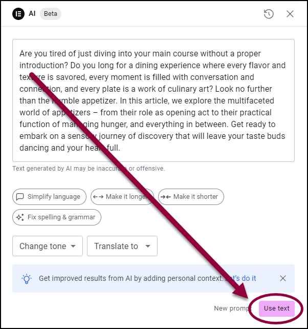 6 Click use Generate text in Gutenberg using Elementor AI 13