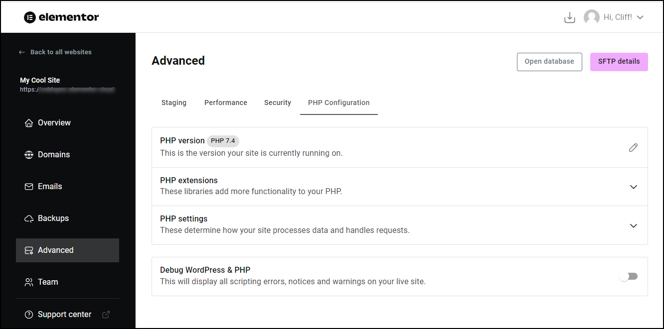 The PHP options appear Access PHP settings 7