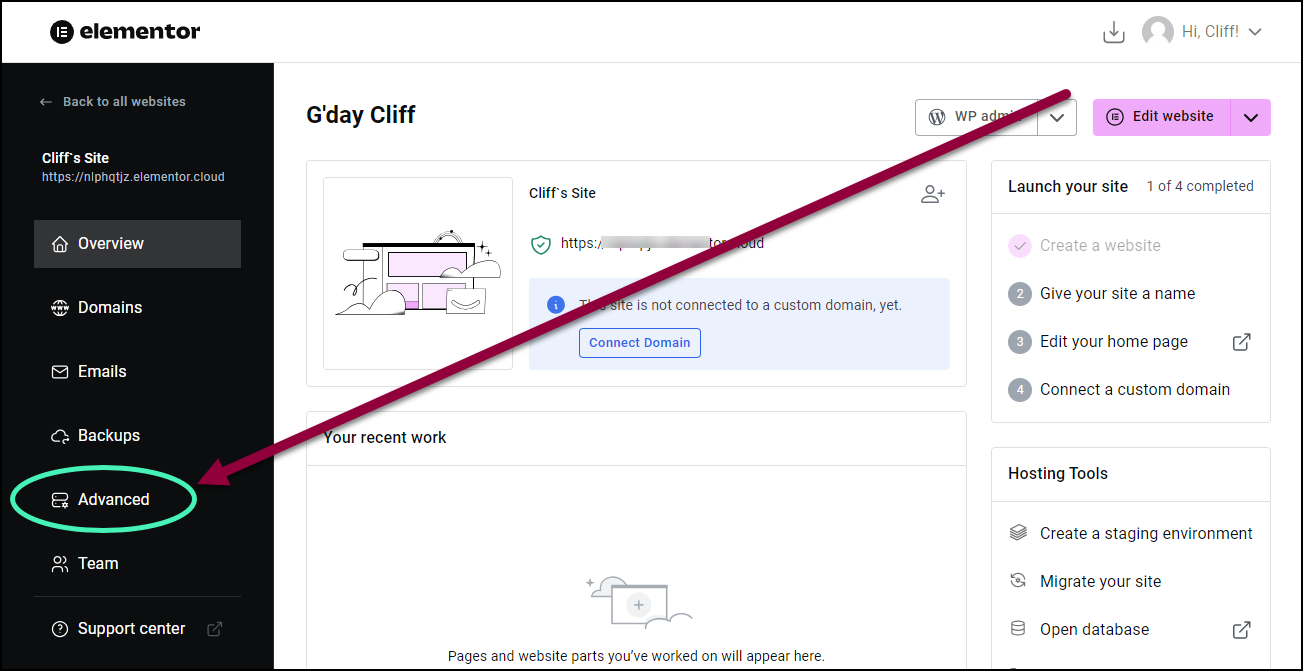 3 click the Advanced tab 1 Delete a staging site 3