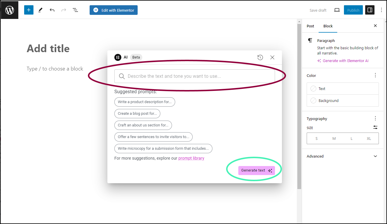 Enter a prompt Generate text in Gutenberg using Elementor AI 11