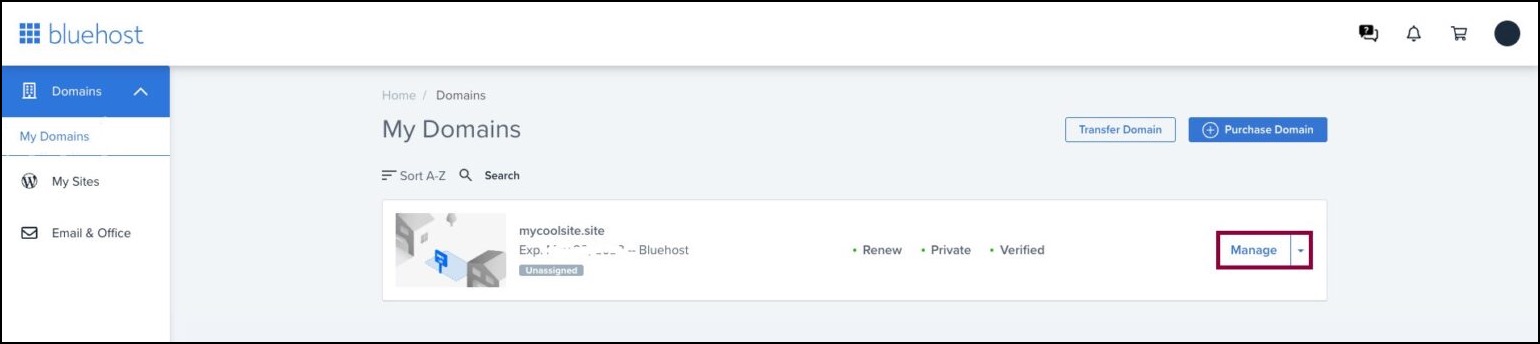 3 click manage 1536x340 1 Connect a custom domain using Bluehost 21