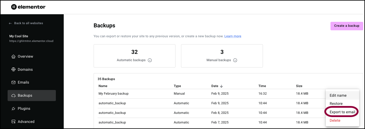 Click Export to email Manage your Elementor Hosting backups 31