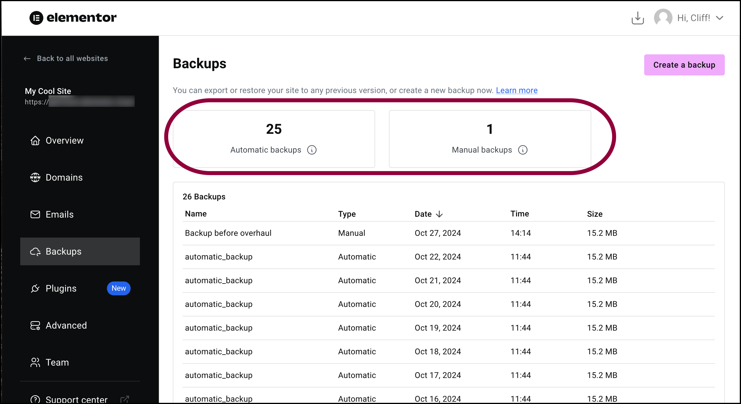 How many Auto and manual backups Manage your Elementor Hosting backups 7