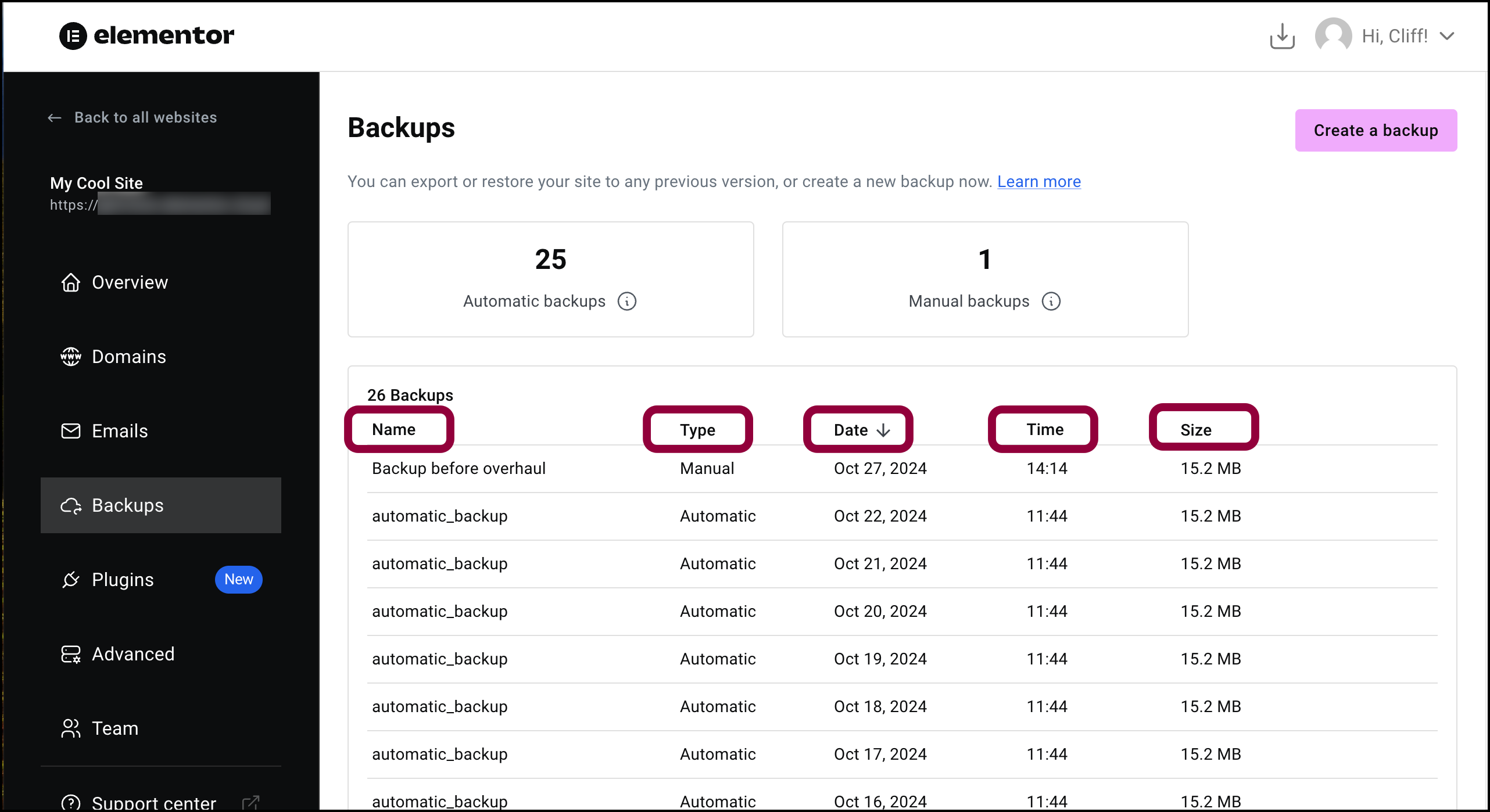 you can select by Manage your Elementor Hosting backups 9