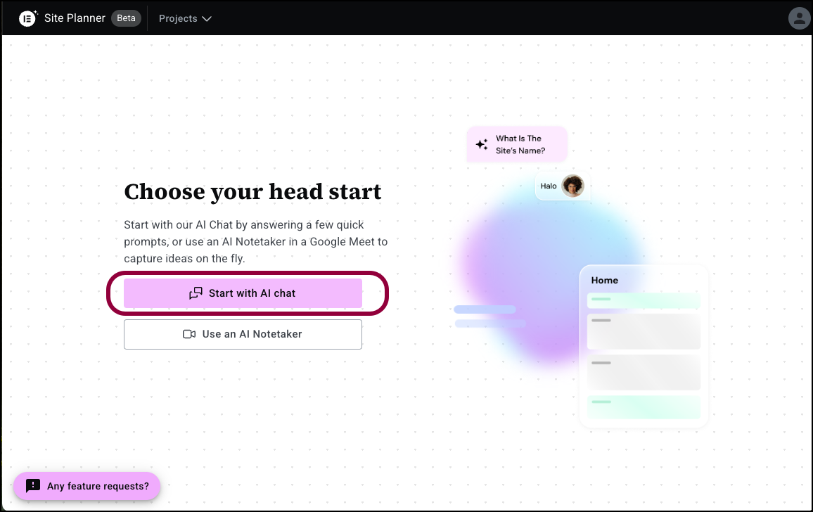 Click start with AI chat Build an entire website from scratch with Elementor AI's Site Planner 3