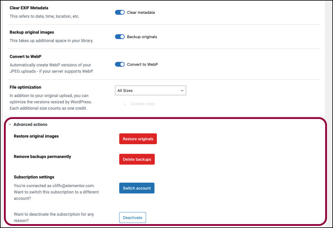 The advanced actions screen Get started with Image Optimizer 55