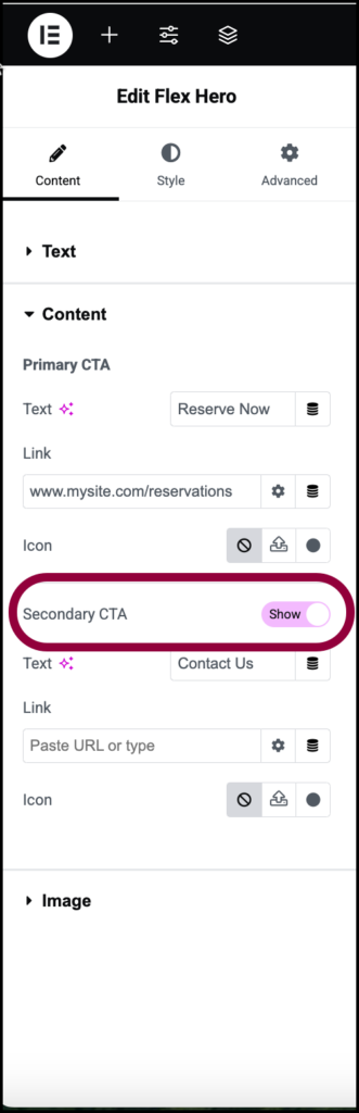 7 Toggle the secondary CTA Flex Hero widget 513