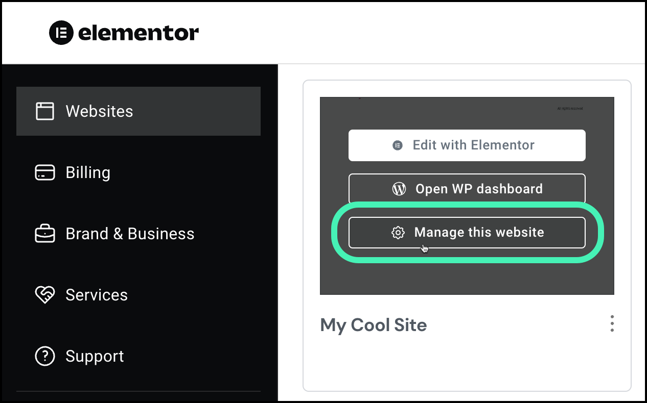 Click manage this website Edit the PHP version of your Elementor Hosting site 1