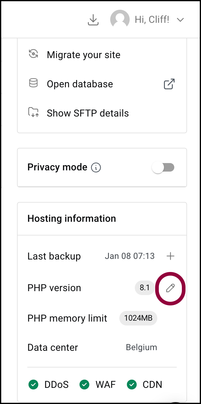 image 10 Edit the PHP version of your Elementor Hosting site 5