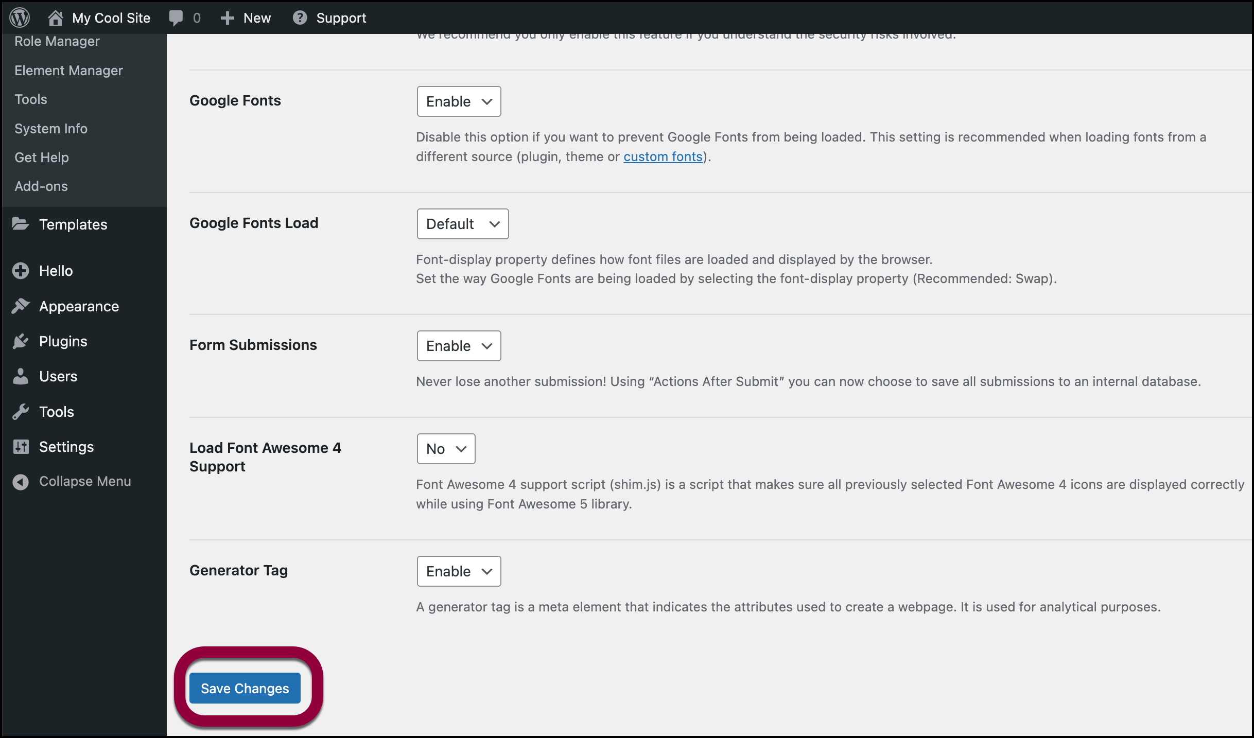 Click Save changes google fonts Troubleshooting - Fonts not appearing on frontend 15