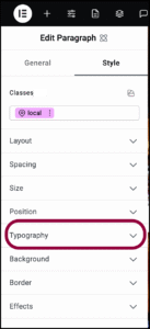 Open the typography sectyion 1 Paragraph element 15