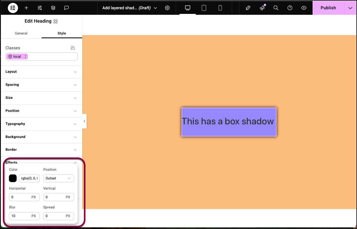 The box shadow options Style tab - Effects 7