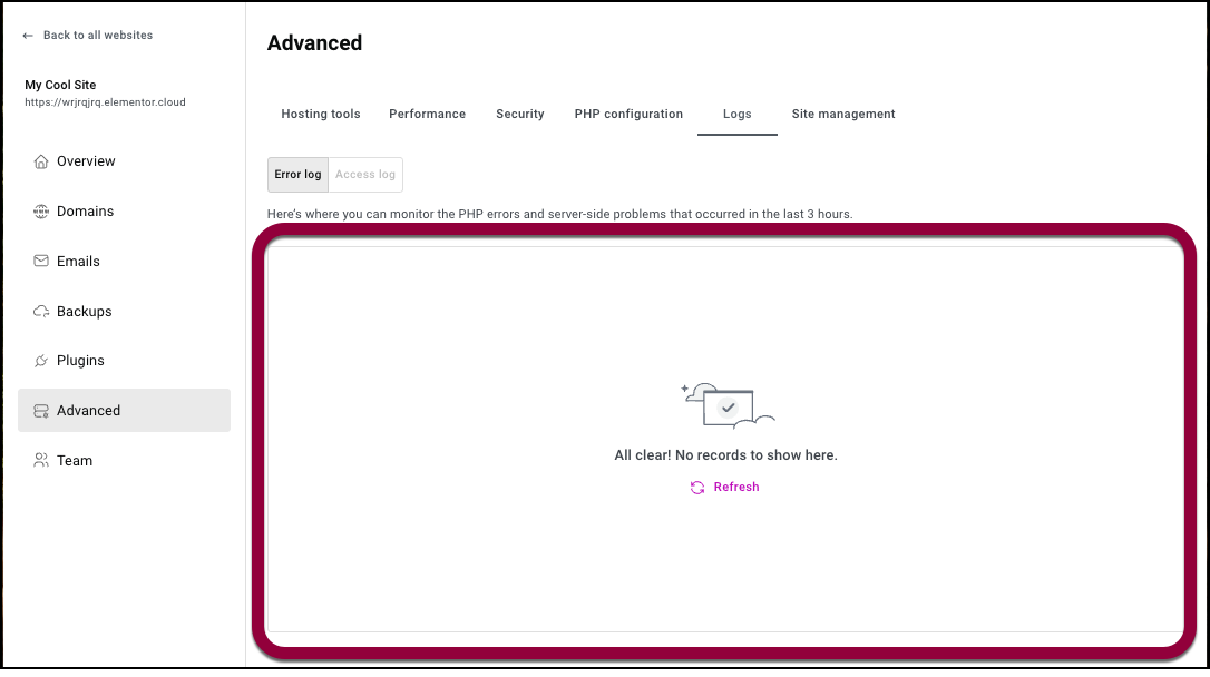The error log area Access your error logs 7