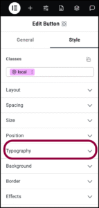 open the typography field 1 Button element 19